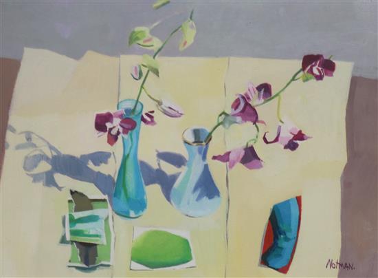 Notman, mixed media on paper, still life of orchids in vases, signed, 24 x 33cm